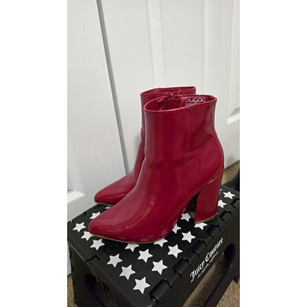 Sugar Evie Red Patent Leather Ankle Boots Block Heel Zip US 6 Pointed Toe